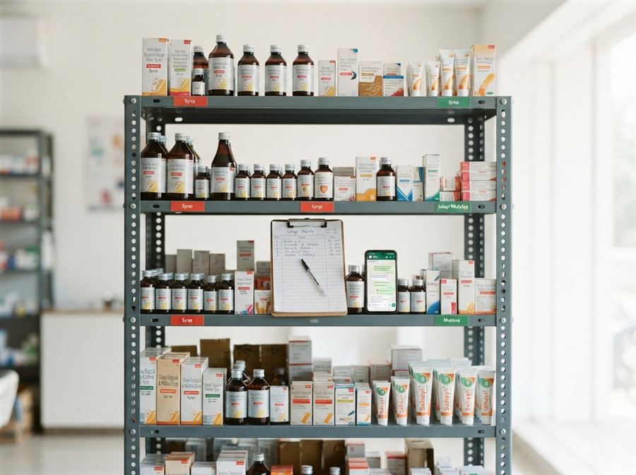 Genuine medicines stocked on shelves at Sahayi Surgicals & Medicines, Manacaud