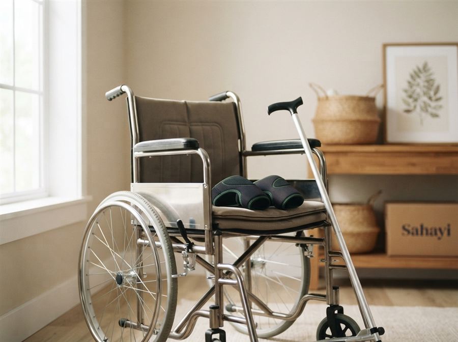 Wheelchair, knee cap, and walking stick available at Sahayi Surgicals & Medicines